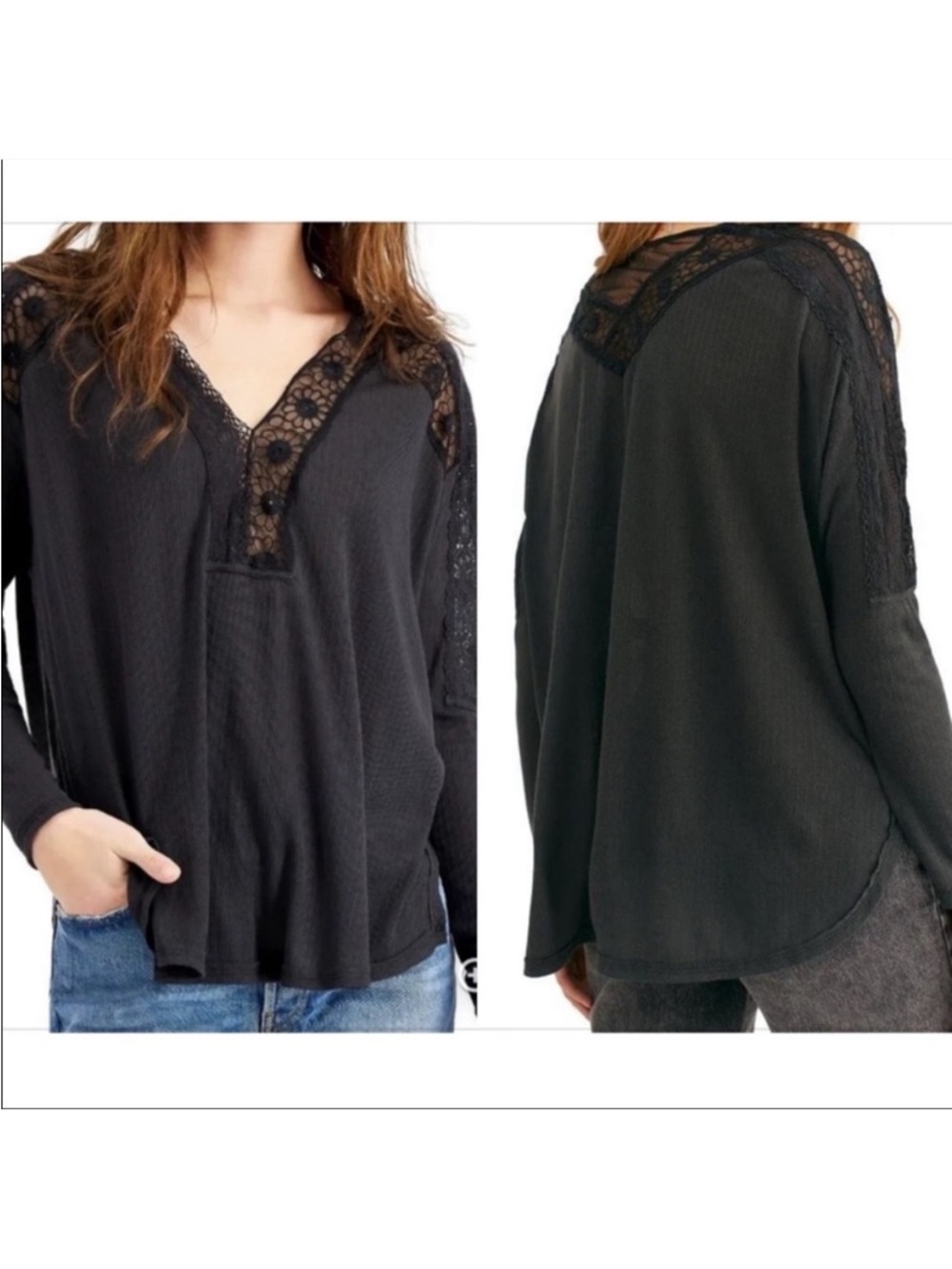 Free People Lola Lace Top in Washed Black - Medium